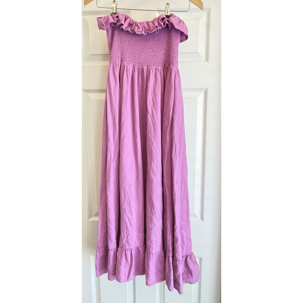 Free People Maxi Dress  Small Purple Linen Smocked Ruffle Boho Strapless - Picture 6 of 9